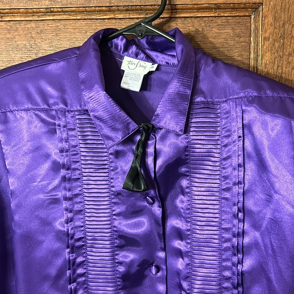 Vintage '80's Tan F Jay Tuxedo Pleated Button Down Blouse w/Shoulder Pads Sz 8 - Picture 5 of 9